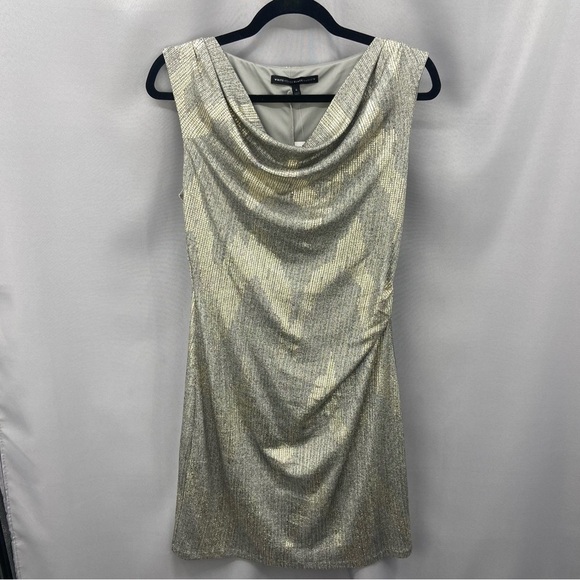 NWT White House Black Market Gray Gold Metallic Drape Neck Shine Dress Size 6 - Picture 2 of 10